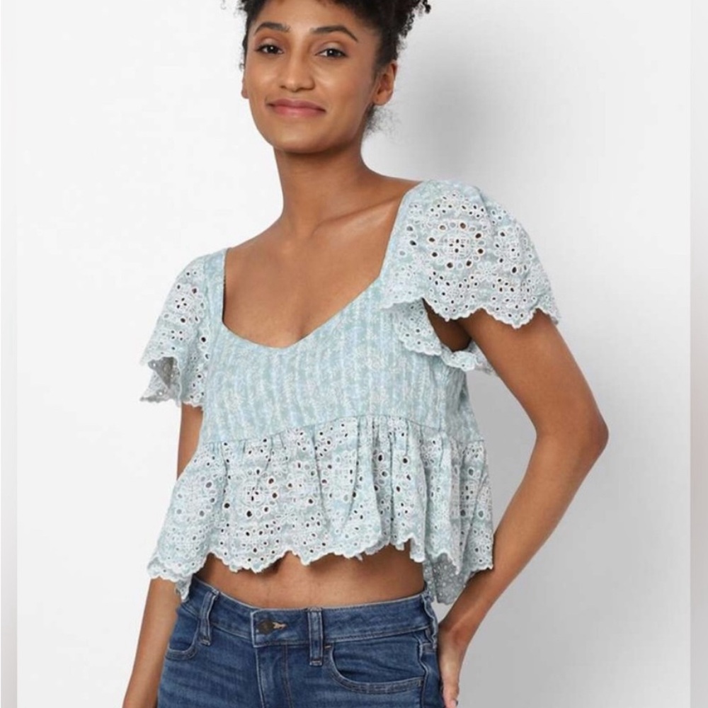 AE Ruffle Sleeve Cropped Babydoll Cottagecore Top MEDIUM - Picture 3 of 14